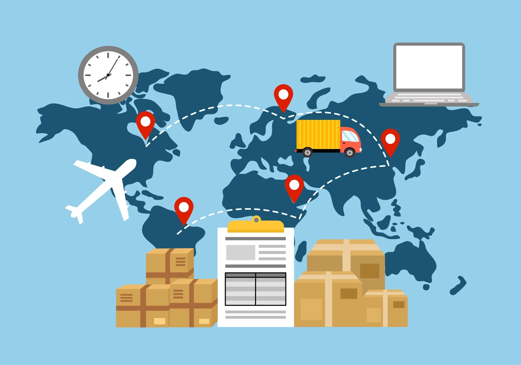 Illustrated global logistics map showing air, sea and road movements between regions