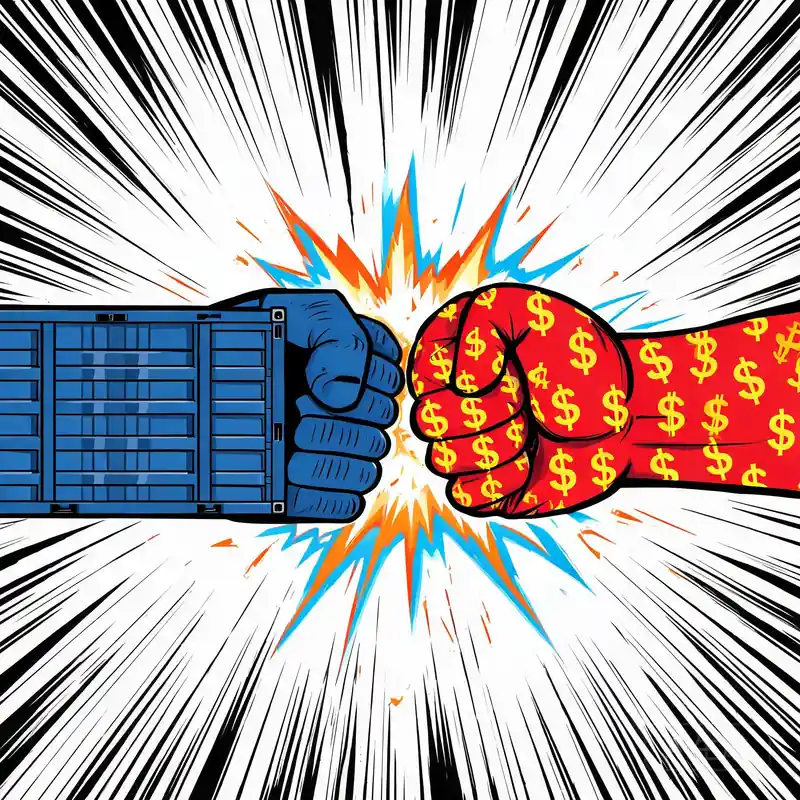 Stylised illustration of a shipping container meeting a fist patterned with currency symbols