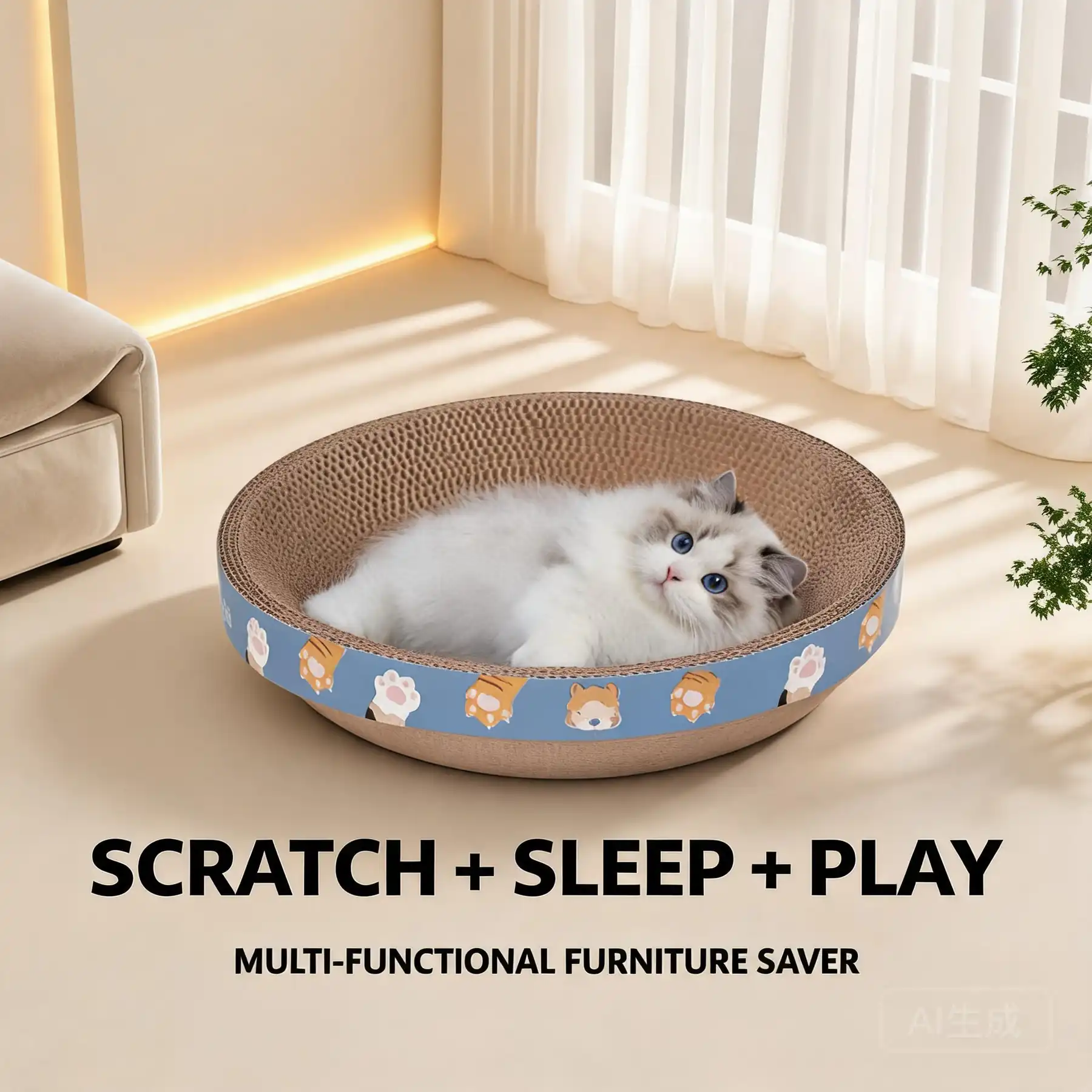 Round cardboard cat scratcher in blue finish photographed on a plain background