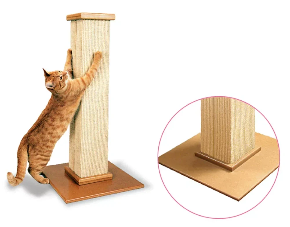 Single-pillar scratching post shown from the side with its base proportions visible